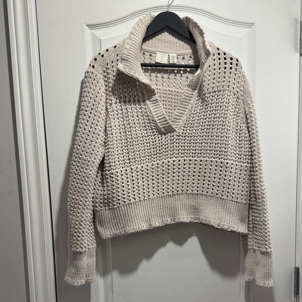 432-Joie Cream Open Knit Collared V-Neck Sweater Lightweight Chic Knit Top